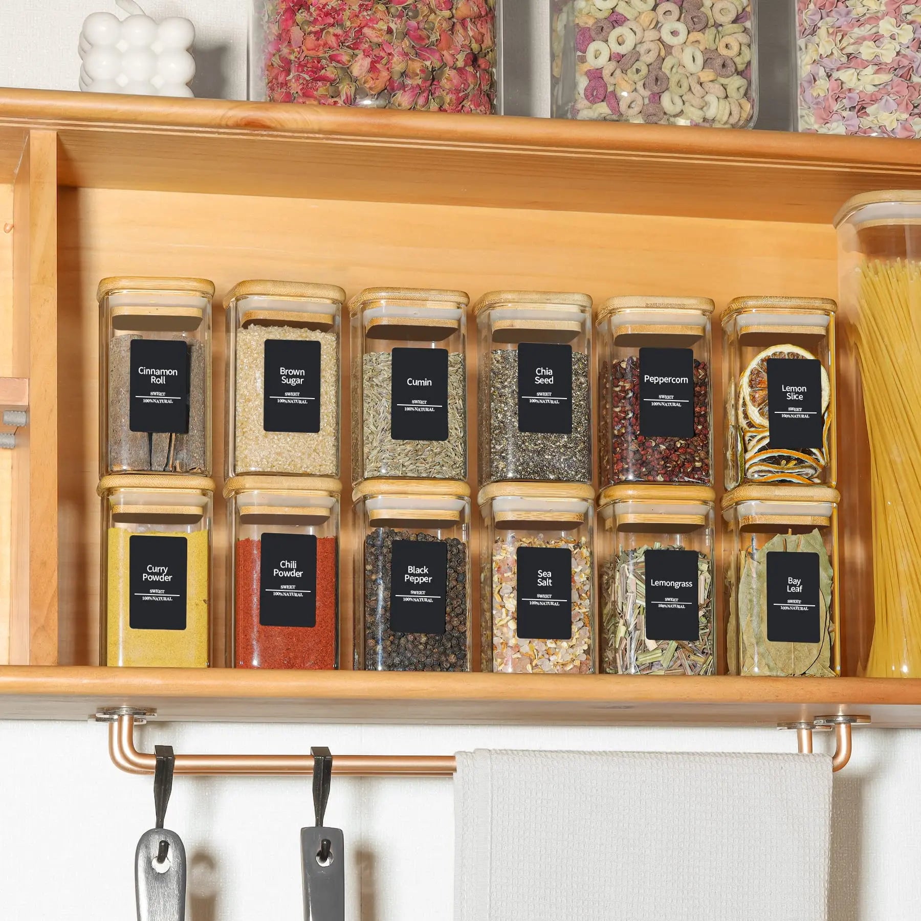 12Pcs Glass Spice Jars with Bamboo Lid, 8Oz Airtight Square Containers with 275 Black Lables, Empty Seasoning Jars for Spice Salt Sugar