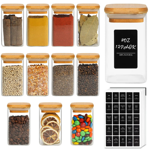 12Pcs Glass Spice Jars with Bamboo Lid, 8Oz Airtight Square Containers with 275 Black Lables, Empty Seasoning Jars for Spice Salt Sugar