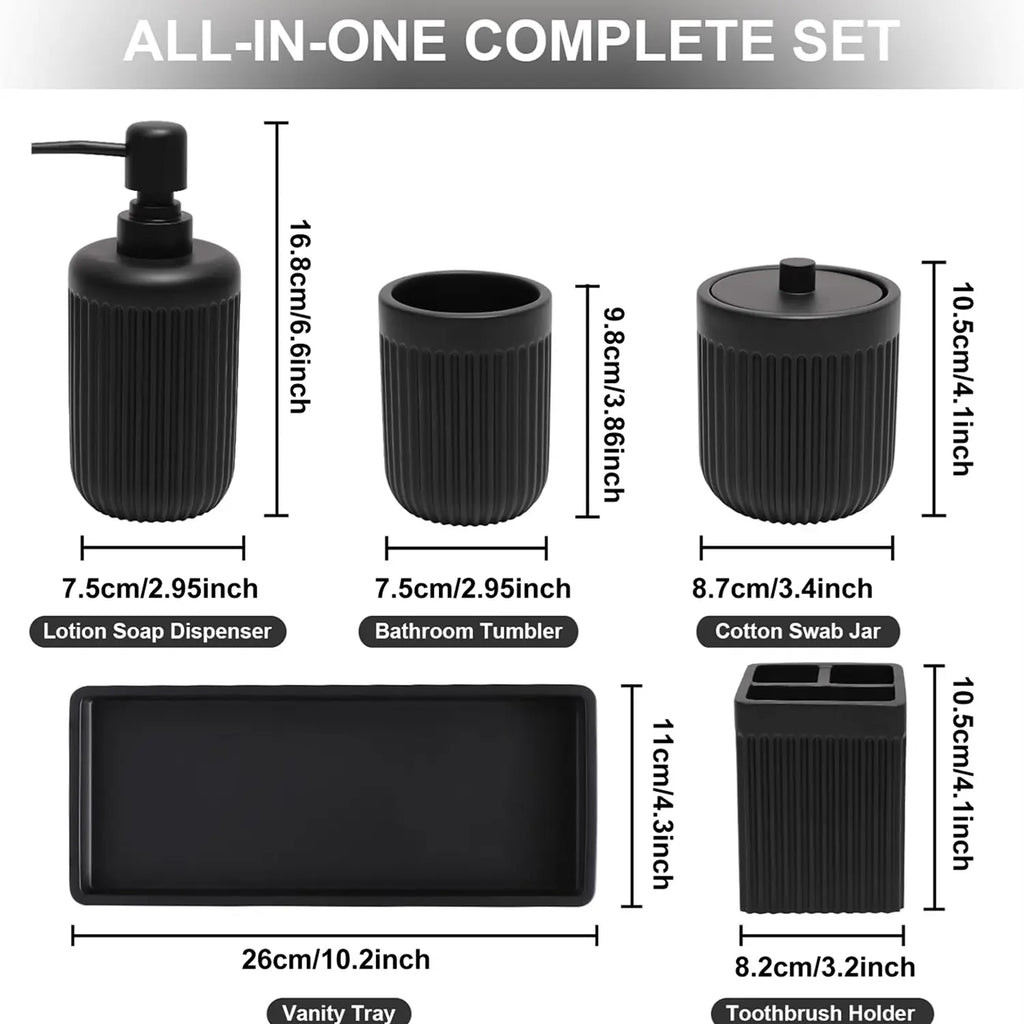 Resin Matte Black Bathroom Accessories Set 5 Pcs, Lotion Soap Dispenser, Toothbrush Holder, Bathroom Tumbler, Qtip Holder and Vanity Tray, Bathroom Countertop Organizer Set for Home Apartment