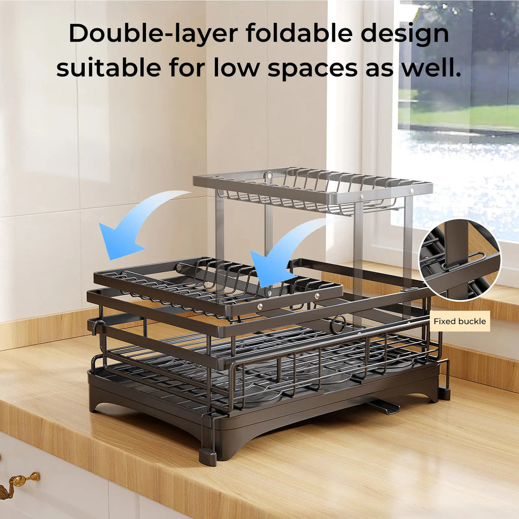 Foldable 2-Tier Dish Drying Rack with ABS & Carbon Steel Construction, Expandable Kitchen Counter Organizer with Drainboard, No More Wet Counter, Space Saving Storage for Dishes & Utensils