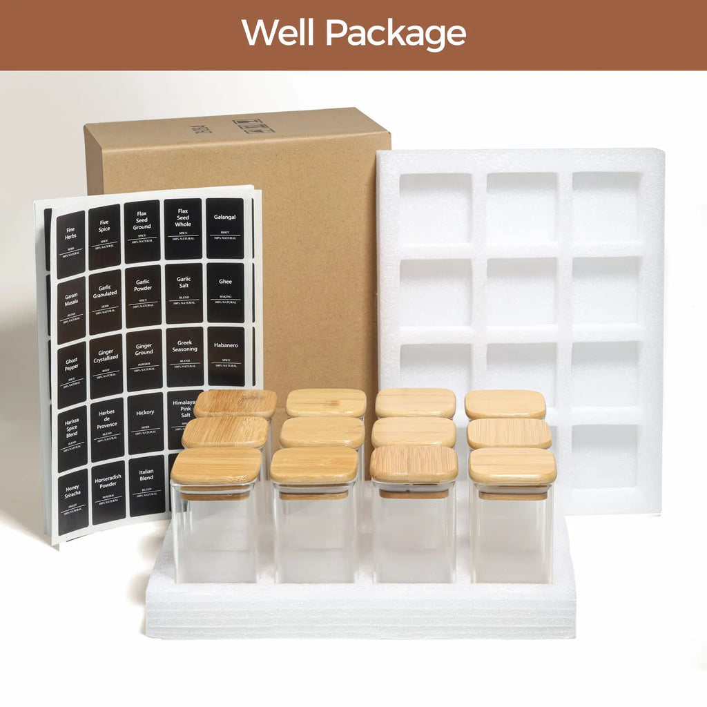 12Pcs Glass Spice Jars with Bamboo Lid, 8Oz Airtight Square Containers with 275 Black Lables, Empty Seasoning Jars for Spice Salt Sugar