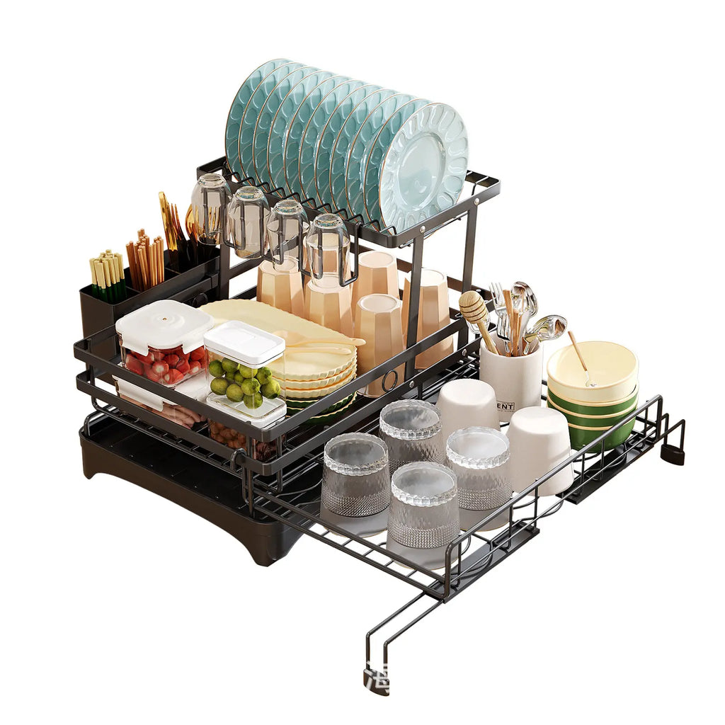 Foldable 2-Tier Dish Drying Rack with ABS & Carbon Steel Construction, Expandable Kitchen Counter Organizer with Drainboard, No More Wet Counter, Space Saving Storage for Dishes & Utensils