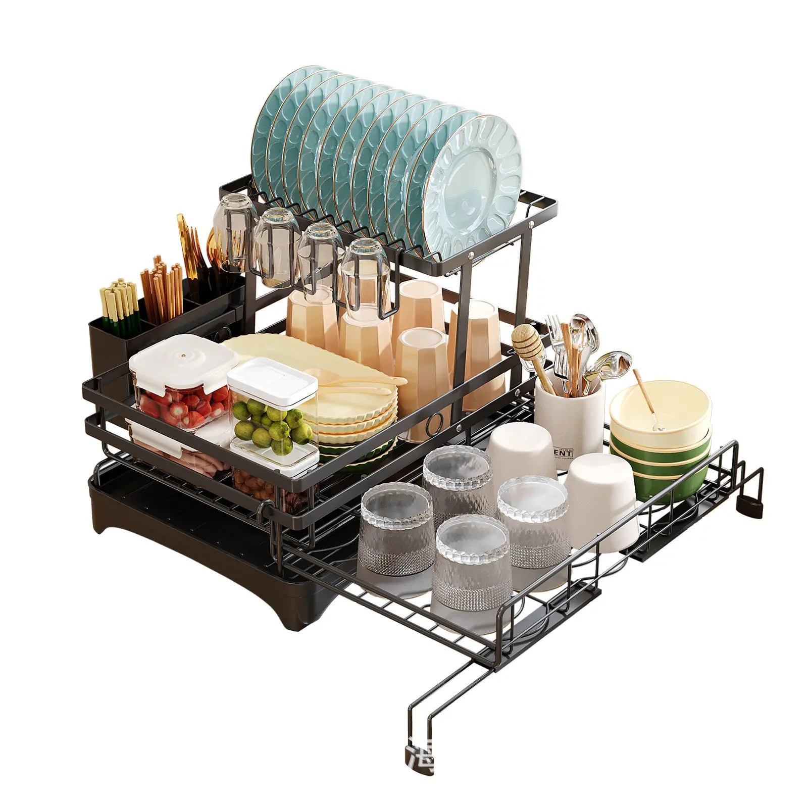 Foldable 2-Tier Dish Drying Rack with ABS & Carbon Steel Construction, Expandable Kitchen Counter Organizer with Drainboard, No More Wet Counter, Space Saving Storage for Dishes & Utensils