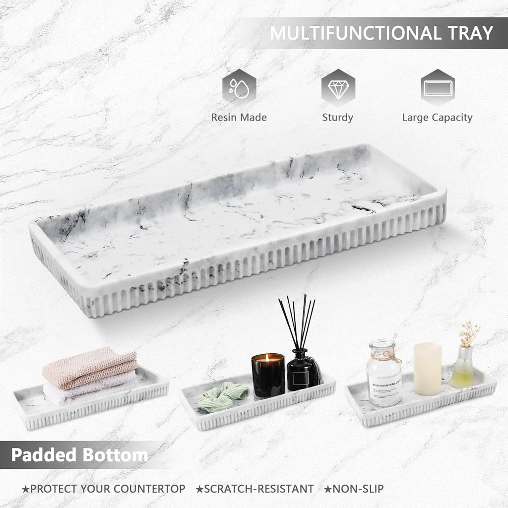 Resin Matte Black Bathroom Accessories Set 5 Pcs, Lotion Soap Dispenser, Toothbrush Holder, Bathroom Tumbler, Qtip Holder and Vanity Tray, Bathroom Countertop Organizer Set for Home Apartment