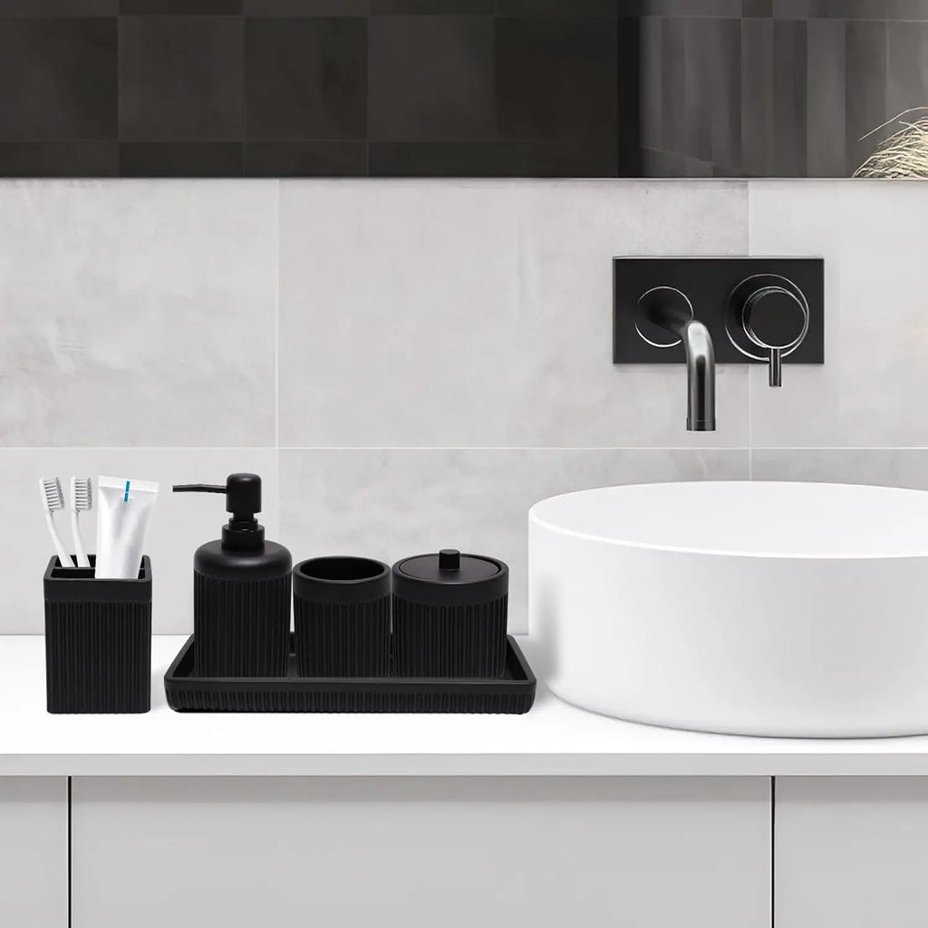 Resin Matte Black Bathroom Accessories Set 5 Pcs, Lotion Soap Dispenser, Toothbrush Holder, Bathroom Tumbler, Qtip Holder and Vanity Tray, Bathroom Countertop Organizer Set for Home Apartment