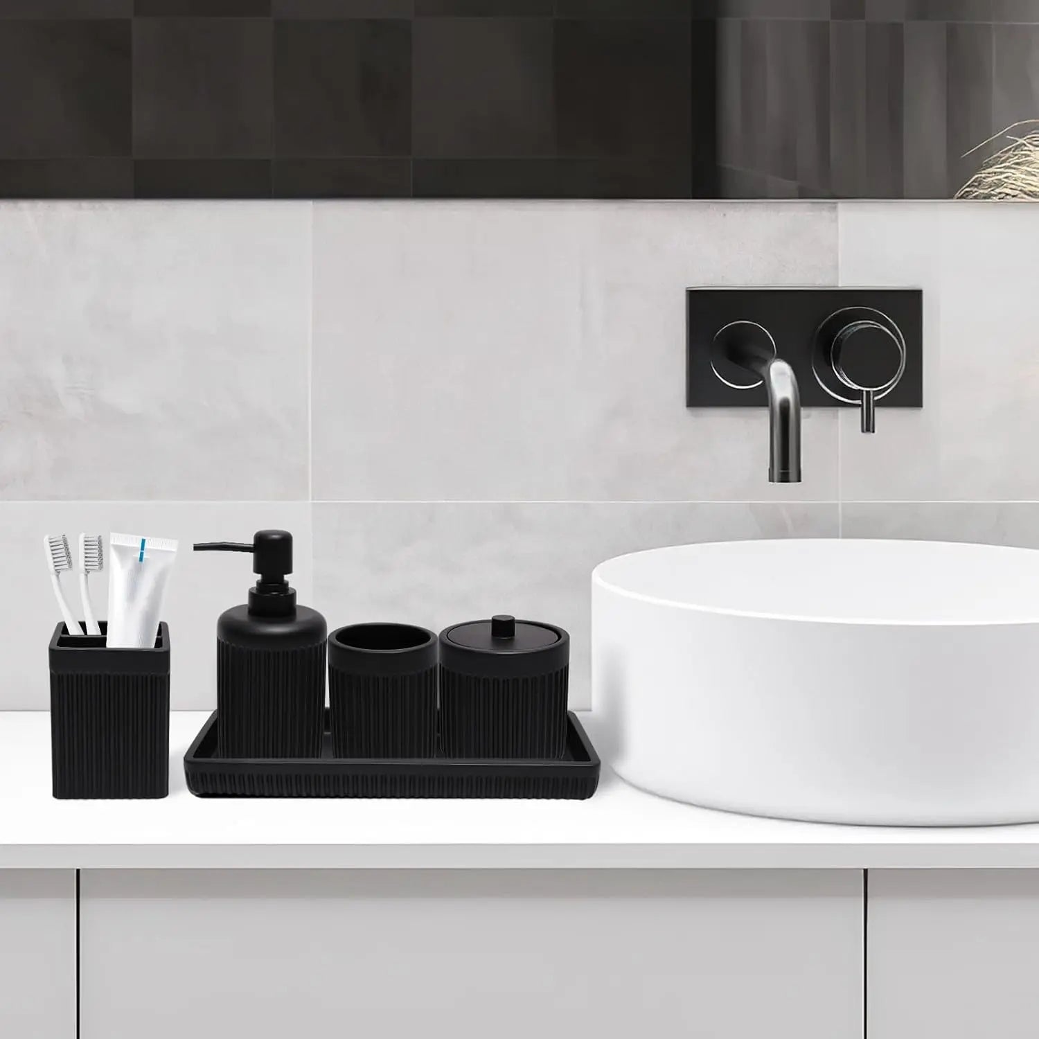 Resin Matte Black Bathroom Accessories Set 5 Pcs, Lotion Soap Dispenser, Toothbrush Holder, Bathroom Tumbler, Qtip Holder and Vanity Tray, Bathroom Countertop Organizer Set for Home Apartment