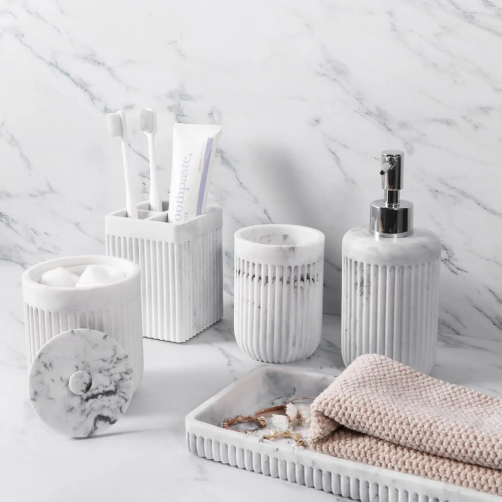 Resin Matte Black Bathroom Accessories Set 5 Pcs, Lotion Soap Dispenser, Toothbrush Holder, Bathroom Tumbler, Qtip Holder and Vanity Tray, Bathroom Countertop Organizer Set for Home Apartment