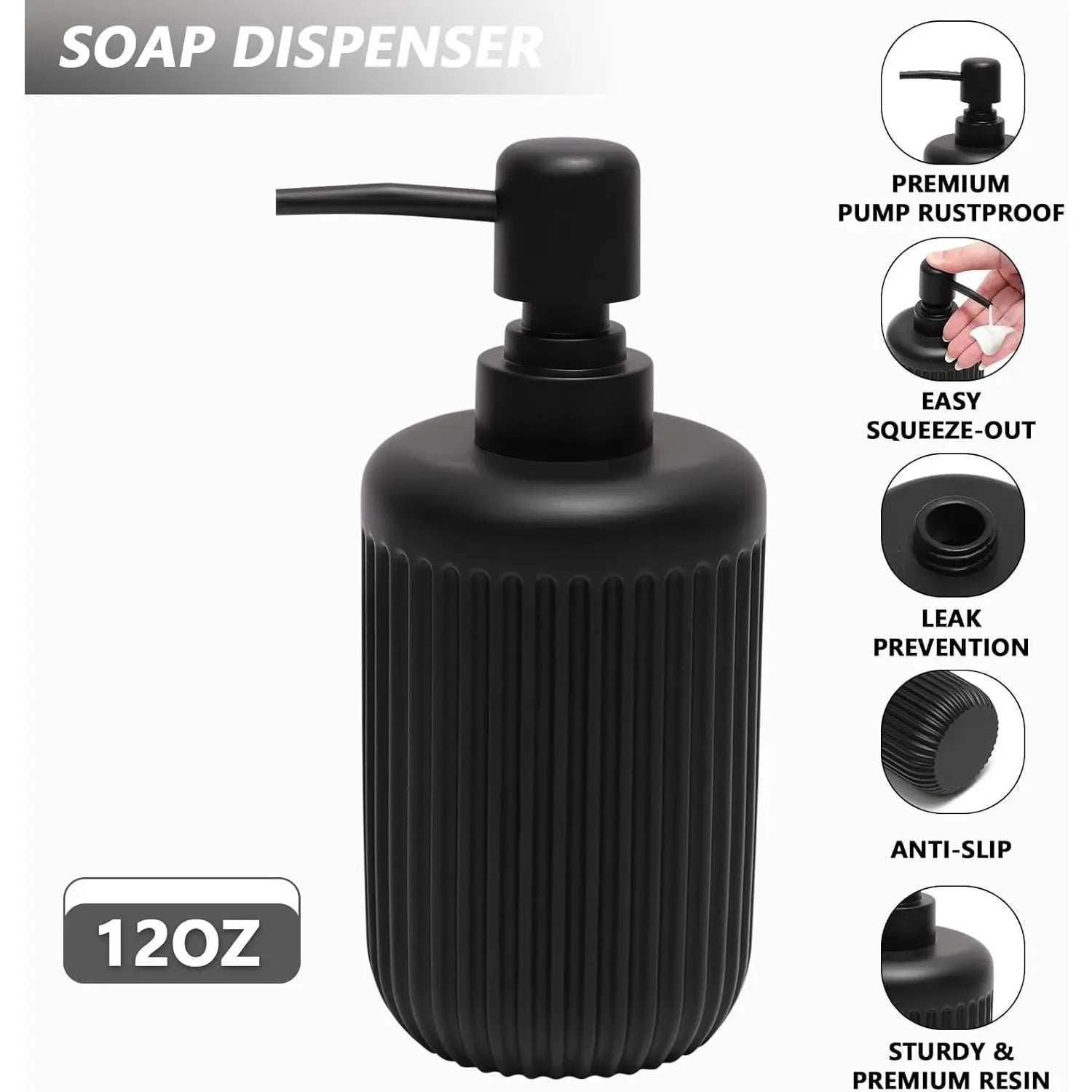 Resin Matte Black Bathroom Accessories Set 5 Pcs, Lotion Soap Dispenser, Toothbrush Holder, Bathroom Tumbler, Qtip Holder and Vanity Tray, Bathroom Countertop Organizer Set for Home Apartment