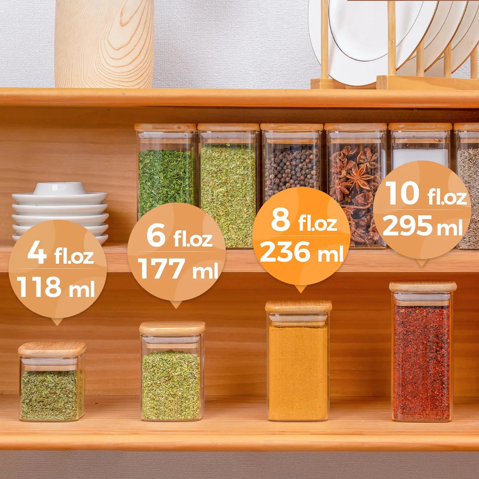 12Pcs Glass Spice Jars with Bamboo Lid, 8Oz Airtight Square Containers with 275 Black Lables, Empty Seasoning Jars for Spice Salt Sugar