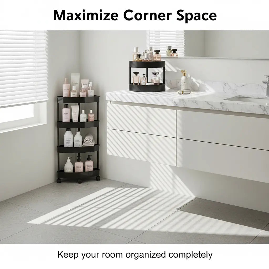 2/3/4 Tier Corner Storage Organizer, Space Saving Bathroom Kitchen Counter Shelf, Plastic Corner Rack for Sink Vanity Small Spaces, with or without Wheels