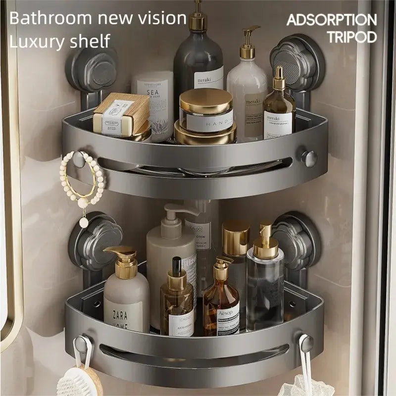 2-3-Pack Gun Gray ABS Triangular Suction Cup Shower Caddy 3-Tier Corner Shelves No Drilling Bathroom Organizer 40Lbs Load Capacity Towels Hook Toiletries Storage Rack Bathroom Accessories Set