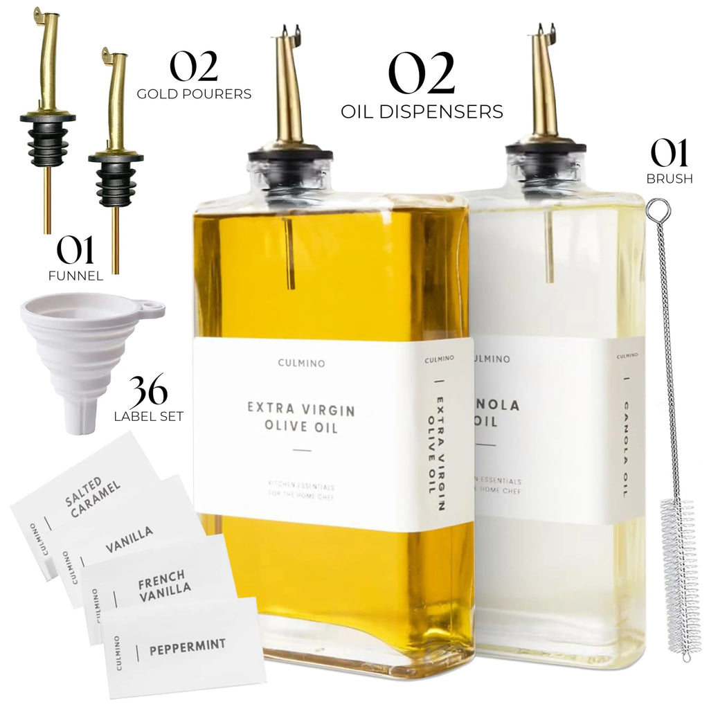 Culmino 2 Pcs Olive Oil Dispenser Bottle 350Ml | Premium Glass Cooking Oil & Vinegar Dispenser with 2 Gold Pourers Funnel Brush & 36 Labels