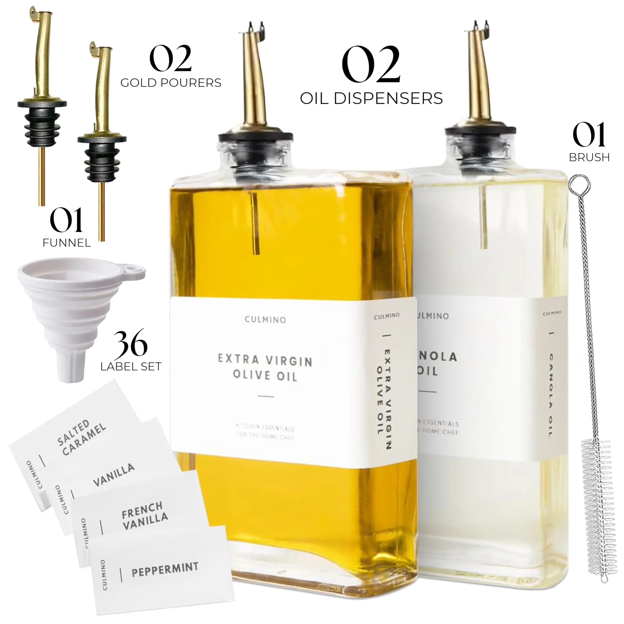 Culmino 2 Pcs Olive Oil Dispenser Bottle 350Ml | Premium Glass Cooking Oil & Vinegar Dispenser with 2 Gold Pourers Funnel Brush & 36 Labels