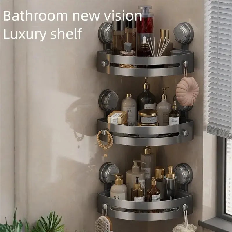 2-3-Pack Gun Gray ABS Triangular Suction Cup Shower Caddy 3-Tier Corner Shelves No Drilling Bathroom Organizer 40Lbs Load Capacity Towels Hook Toiletries Storage Rack Bathroom Accessories Set