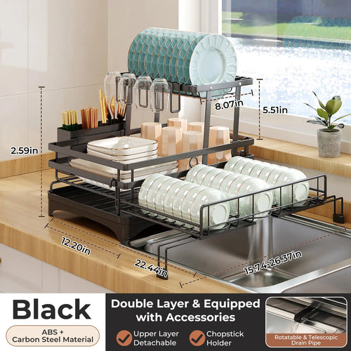Foldable 2-Tier Dish Drying Rack with ABS & Carbon Steel Construction, Expandable Kitchen Counter Organizer with Drainboard, No More Wet Counter, Space Saving Storage for Dishes & Utensils
