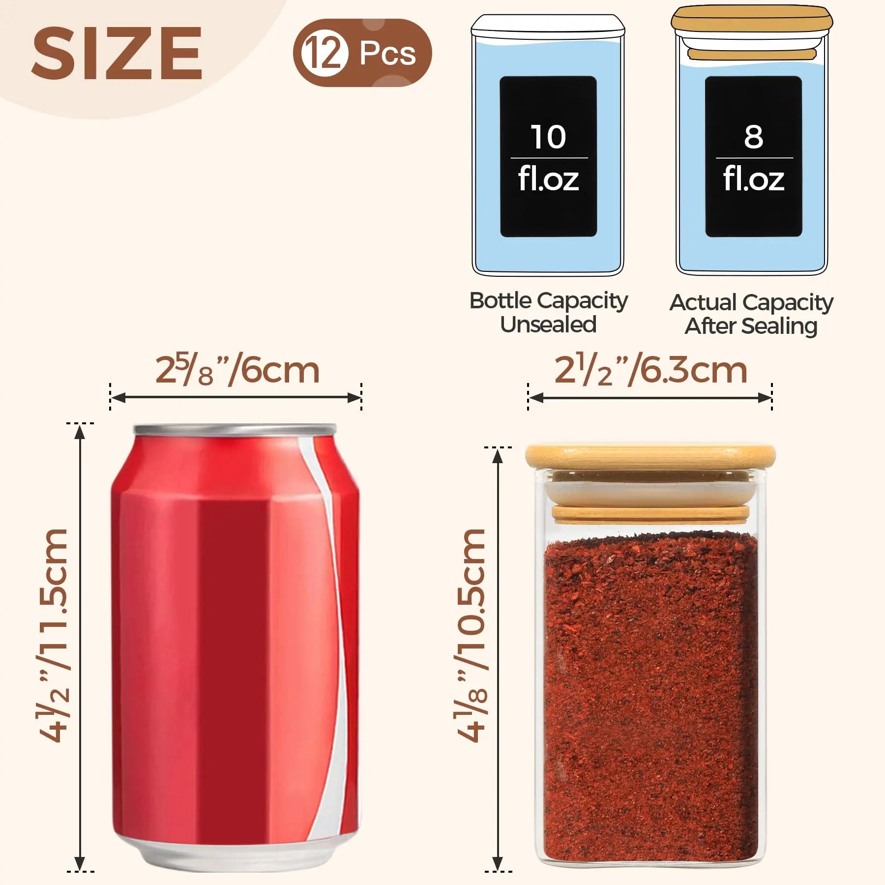 12Pcs Glass Spice Jars with Bamboo Lid, 8Oz Airtight Square Containers with 275 Black Lables, Empty Seasoning Jars for Spice Salt Sugar