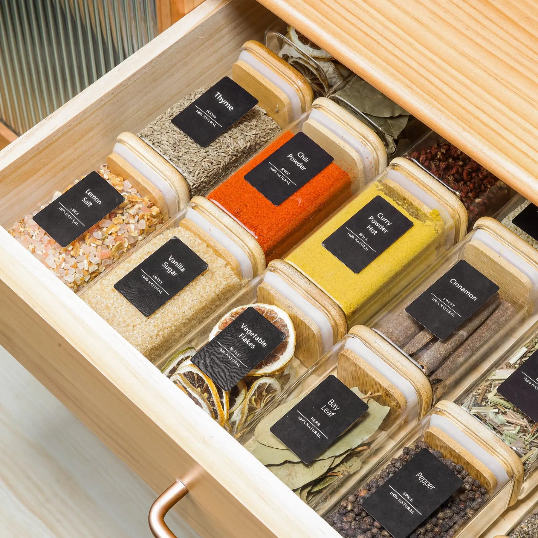 12Pcs Glass Spice Jars with Bamboo Lid, 8Oz Airtight Square Containers with 275 Black Lables, Empty Seasoning Jars for Spice Salt Sugar