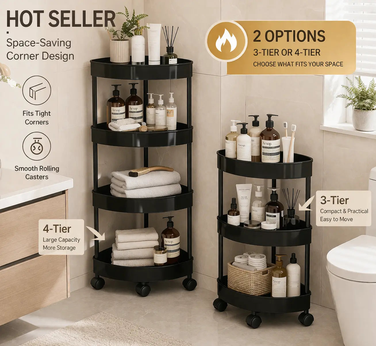 2/3/4 Tier Corner Storage Organizer, Space Saving Bathroom Kitchen Counter Shelf, Plastic Corner Rack for Sink Vanity Small Spaces, with or without Wheels